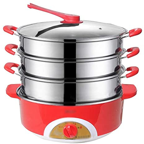 MNSSRN Steamer Elettrico Multifunzione a Vapore Elettrico, piroscafo a 3 Strati in Acciaio Inox con Coperchio in Vetro Manico in Silicone per Cucinare scaldacellulita,Rosso