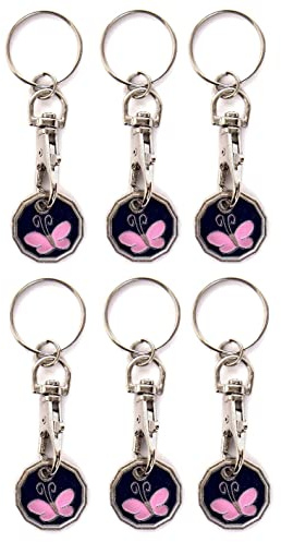 Craft 4 You Pack of 6 x Shopping Trolley Token UK Keyring £1 Coin Shape Pound Tokens Key Ring for Supermarkets Locker Gym (6 x Butterfly)
