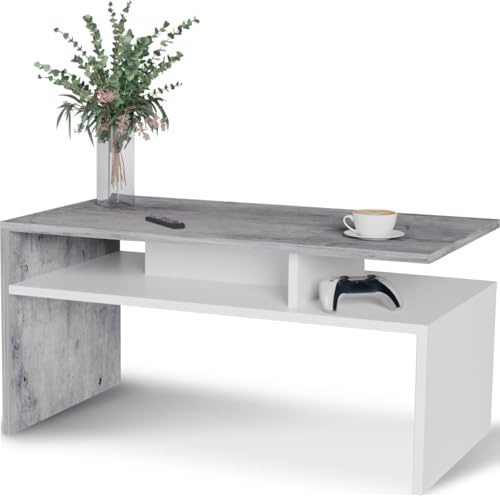 Meble Pitus Couchtisch mit Stauraum ST-4 (Trebia) Weiß/Beton – Moderner Wohnzimmertisch 90×50×45 cm im Industrial Stil – Couchtisch Betonoptik mit Ablagefach, robuster Sofatisch, pflegeleicht