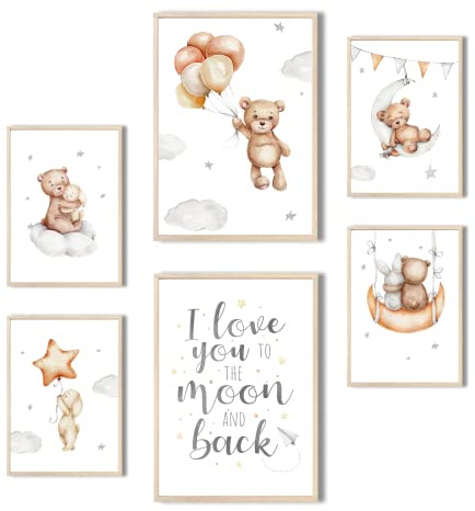 MeinBaby123® Poster Kinderzimmer | 6er Set DIN A4 Poster Set | Wandbilder mit Spruch | Regenbogen | Deko Kinderzimmer Mädchen und Jungen | Babyzimmer Deko | Wandposter Premium(Bär & Sterne V2)