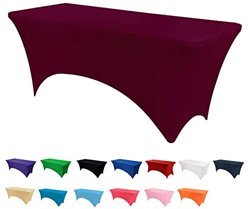 Newthinking 6FT Stretch Tablecloth for Craft, Spandex Stretch Table Cloth, Washable and Wrinkle Resistant Market Stall Table Cover for Banquet Folding Table Event Wedding, Burgundy