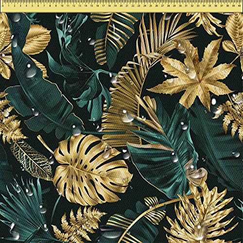 DreamRoots Segeltuch Wasserdicht - Polsterstoff Meterware 160 cm breit - Wasserabweisender Stoff 220 g/m2 600D - Markisenstoff Wasserdicht Meterware Monstera Gold Green 1M