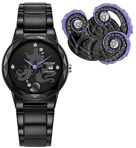 Citizen Women's Eco-Drive Disney Villian Ursula Crystal Watch and Pin Gift Set in Black Ion Plated Watch, Black Dial (Model: GA1075-68W)