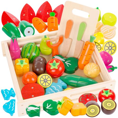 Küchenspielzeug aus Holz – 18-teiliges magnetisches Schneideset mit Obst, Gemüse & Fisch – Zubehör für Kinderküche ab 6 Jahre – Spielnahrung mit Messern, Schneidebrett & Box