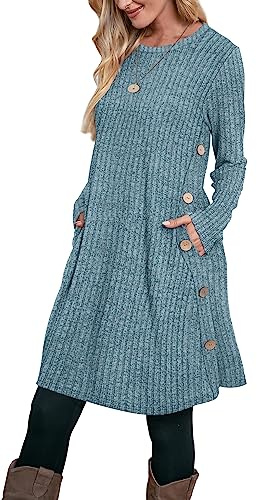 Aokosor Jumper Dress for Women Casual Dress Ladies Long Sleeve Long Dress with Pockets Side Buttons Tunic Tops Blue Size 18-20, XL