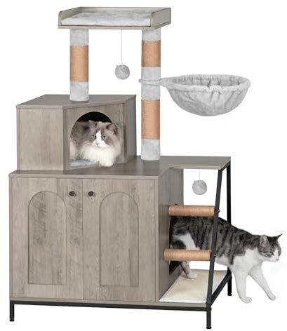 Hzuaneri Maison de Toilette Chat, 121 cm Meuble Litiere Chat, Grège | Maison 4-en-1 pour Chats Plateforme, Abri pour Chat Tapis De Grattage, Escaliers Et Pompon, Coussins Lavables, CB81005B