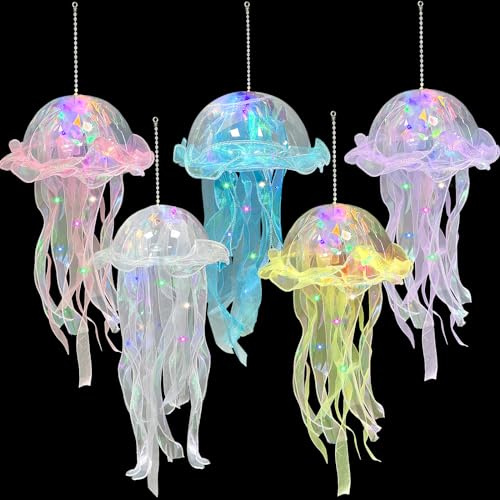 FOWSRHRG 5PCS LED Jellyfish Lantern, Hanging Party Lights Mermaid Birthday Decorations Colorful Glitter Jellyfish Lantern Girls Fitting in Ocean Theme Events, Wedding, Bedroom-Random Color