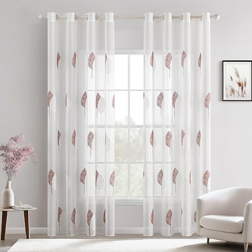 MIULEE Gardinen mit Altrosa und Weiß Blätter Muster 2er Set 140x245cm | Modern Stickerei Wohnzimmer Vorhänge Transparent mit ösen für Schlafzimmer Deko, Schöne Blätter Muster Vorhang Fenster