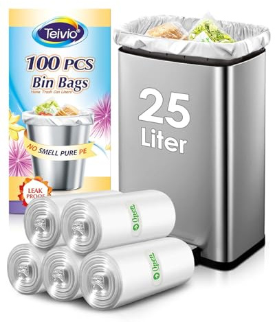 Teivio 25 Liter 100 Counts Strong Pedal Bin Liners, fit 5-6 Gal Garbage Bags, Bathroom Waste Bin Liners, Small Plastic Trash Can Bags for home office kitchen, Clear