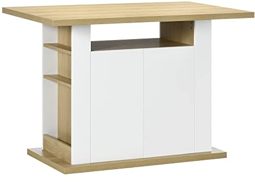 HOMCOM Isola per Cucina 4 Persone, Penisola Cucina con Armadietti a 2 Ante, Ripiano Regolabile e Portaspezie Laterale, per Sala da Pranzo, 110x70x75.5 cm, Bianco e color Legno