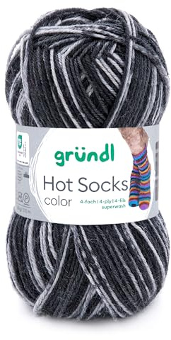 Gründl Hot Socks Color, Sockenwolle mit Farbverlauf grau weiß schwarz, Strumpfwolle 4-fach, 4-fädig, Sockengarn, 50g | 75% Wolle, 25% Polyamid (416)