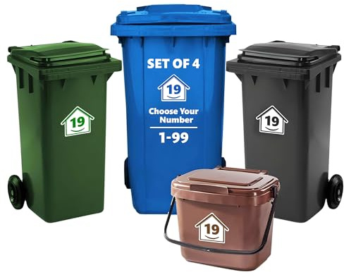 4 x Bin Numbers for Wheelie Bins, 1-99, 15cm ‘Happy House’ Colour Design Dustbin Stickers, Easy Application Stick On Number Stickers - Weatherproof Self Adhesive Vinyl – Blue, Black, Green, Brown (19)