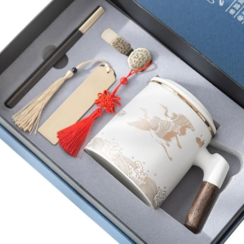 CAPIJIONG Taza de cerámica creativa de 400 ml, diseño de grulla para el hogar, taza de separación de té (blanco) juego de cuatro piezas (juego de caja)