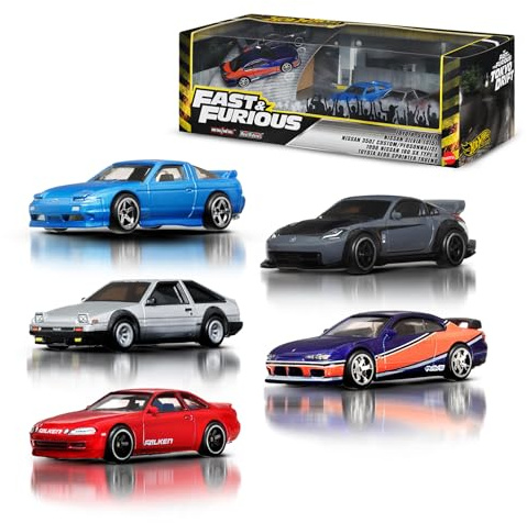 Hot Wheels Leksaksbilar, Fast & Furious Tokyo Drift premiumpaket, 5 gjutfordon från snabbfilmen i skala 1:64 i samlingsförpackning, JFL99