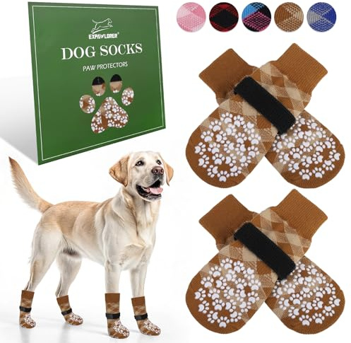 EXPAWLORER 2 Paar Anti rutsch Hundesocken Leckschutz der Pfoten, rutschfeste Pfotenschutz Hund Verletzung für Holzboden, Hundeschuhe Hundestiefel für heißen Boden Outdoor, Khaki L