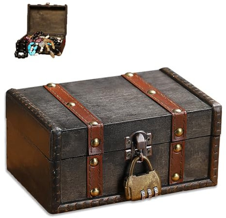 EVDZNA Coffre au trésor vintage en bois - 16,7 x 11 x 7,5 cm - Boîte de rangement en bois - Ancien noir - Boîte de rangement pour mot de passe - Mini coffre en bois pour rangement et décoration
