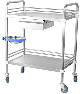 Tavoli da lavoro in acciaio inox con carrello con ruote, con 2 ripiani e 1 cassetto, carrello portaoggetti per ristorazione con rotazione a 360°, per ufficio, ristora,66*44*88cm/26*17.5*35 in