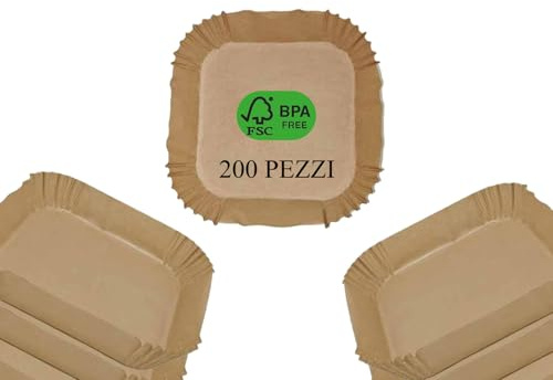 200 Pezzi Carta Forno per Friggitrice ad Aria-Dimensioni 16x4,5 cm, Food-Grade e BPA Free-Antiaderente, Resistente al Calore (QUADRATA 16X16X4,5)