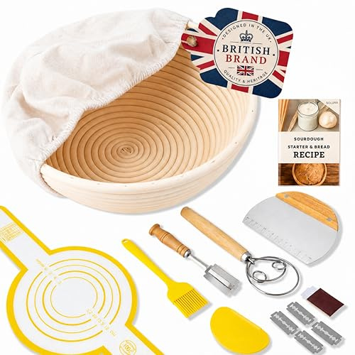 SoLuna. Sourdough Starter Kit for Bread Making with Banneton Proofing Basket 9 Round - Sourdough Starter Supplies Kits - Bread Baking Accessories (Yellow, 9pcs)