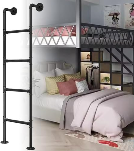 XCHSXYL Industrial Iron Pipe Bunk Bed Ladder Wall Mounted 6ft High Loft Attic Metal Step Ladder for Indoor and Outdoor Climbing Emergency Egress(150cm/59in)