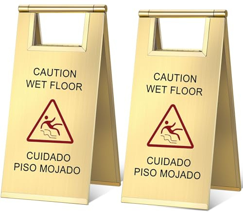 Kigley 2 Pcs Wet Floor Sign, 17 Inch Stainless Steel Caution Wet Floor Sign Double Sided Portable Foldable Bilingual Safety Warning for Hotel Market Restroom Restaurant Office (Gold)