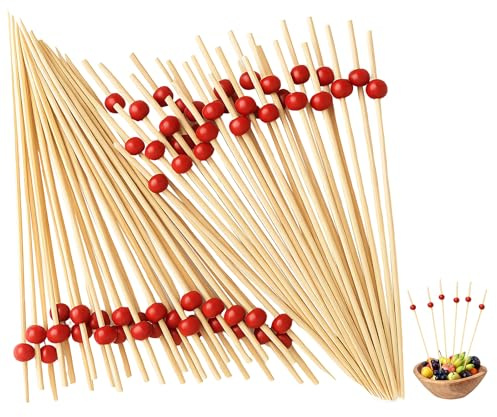200 Stück Cocktailspieße, 12cm Holzspieße Fingerfood mit Rot Holzperlen, Cocktail Sticks für Barbecue Geburtstag, Fingerfood Spieße Snacks Cocktail Zubehör Ideal für Partys Hochzeit