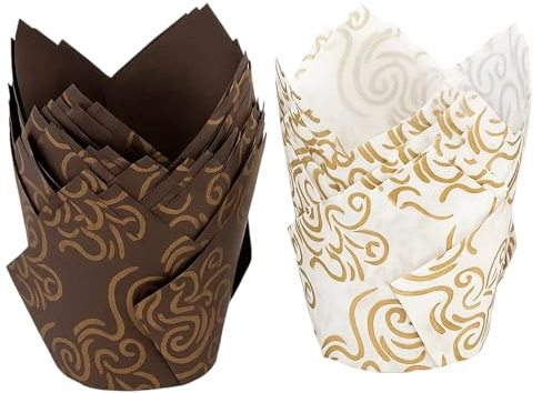 Muffin Cases for Baking, 100 Pack Gold Cupcake Cases, Tulip Muffin Cases for Baking, Large Cupcake Cases for Wedding, Birthday, and Special Occasions, Brown and White (50 Each)