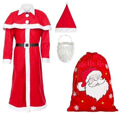 Idena 90484 - Costume da Babbo Natale 6 pezzi, costume natalizio con cappotto in taglia universale, barba, cappello, mantello, cintura e sacco di Natale 50 x 70 cm
