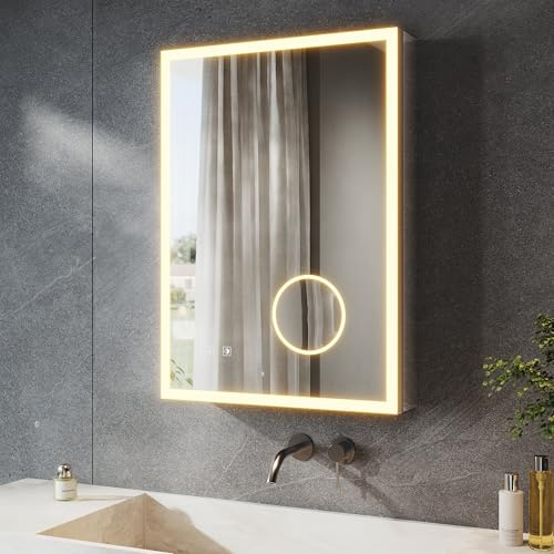 SONNI Led-spegelskåp för badrum, med 3-faldig förstoringsspegel och uttag, 70 x 50 cm, aluminium spegelskåp med beröringsbrytare, 3 ljusfärger + anti-dimning, IP44 vattentätt