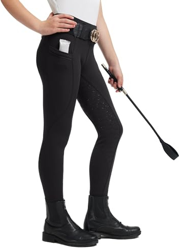 FitsT4 Sports Girls Horse Riding Pants Full Seat Silicone Girls Equestrian Pants Stretchy Kids Breeches Riding Tights Pockets Black M