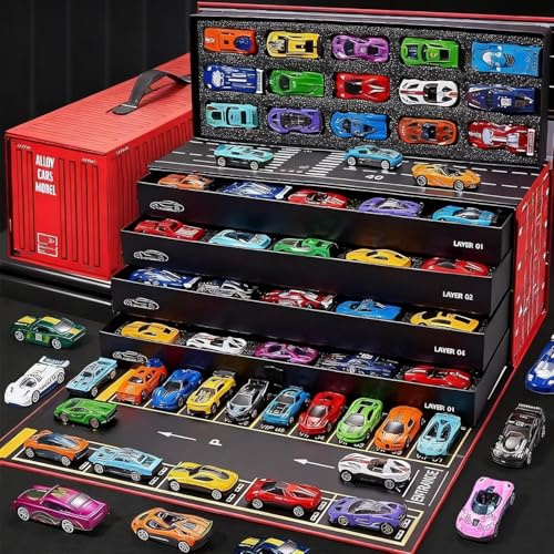 48 Mini Coches De Fricción con Garaje Integrado, 48/60 Piezas Coches De Carreras De Aleación, Vehículos De Fricción De Metal Fundido con Garaje Multinivel Y Mapa De Juego, para Regalar En Fiestas