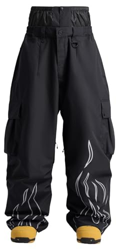 GSOU SNOW Herren Baggy Snowboardhosen 20K wasserdichte Skihosen | 15K Atmungsaktiv, Reflektierende Flammen-Skihosen, Unisex-Cargo-Skihosen, Mehrtaschen, Schneegamaschen, Taillen-Pulverschutz