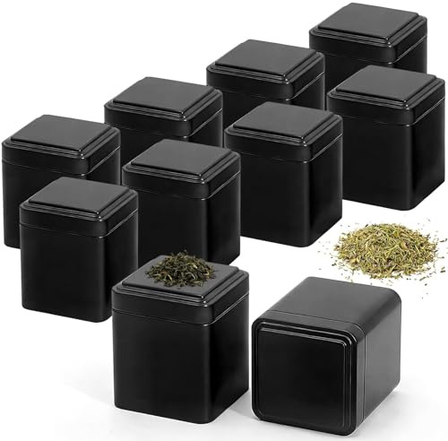 10 Stück Teedosen für Losen Tee, 7 × 7 × 8,5 cm Klassische Eckige Teedose Leere Dosen mit luftdichten Deckeln Kleine Metall Dose für Zucker Süßigkeiten Gewürze lose Blatt Tee Lagerung (schwarz)
