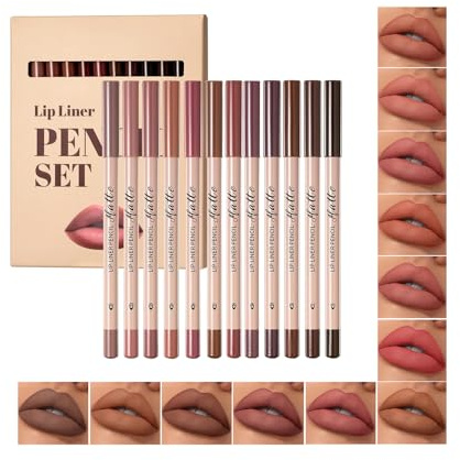 Pakivs 12Pcs Matte Lip Liner Set,Smooth & Longer-Lasting LipLiner Makeup for Women,High Pigmented Waterproof Lip Liner Pencil for Defining & Filling Lips