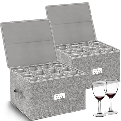 2 Pack Hard Shell Wine Glass Storage Box with Lid , Stackable Stemware Container Cases, Glasses Box with Label Holds Up to 24 Crystal Drinkware 23cm Tall, Kitchen, Moving House Essentials, Grey