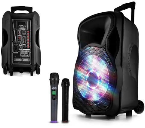 Enceinte Sono Mobile amplifiée 700W 12 LED/USB/BT/SD/FM + 2 micros sans-Fil PARTY12
