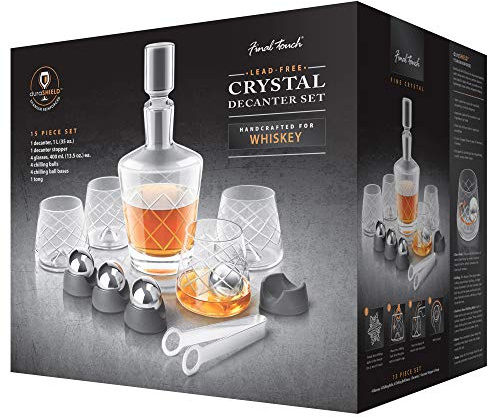 Final Touch Whisky Set. 15pce Crystal Decanter Set including 1L decanter with stopper, steel tongs, plus 4 large tumblers and 4 steel ice balls for chilling without dilution
