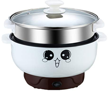 4-in-1 Multifunction Electric Skillet Non-Stick Stainless Steel Hot Pot Noodles Rice Cooker Steamed Egg Soup Pot Portable Mini Heating Pan Cooking Fried with Steam Grid