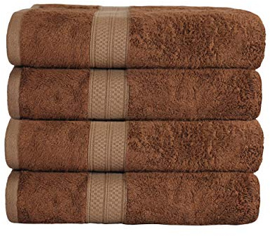 Superior Bath Towel Set, Rayon from Bamboo Cotton Blend, Ideal for Bathroom, Guest Bathroom, and Beach, Modern Style with Solid Dobby Border, Includes 4 Pieces; Bath Towels, Cocoa