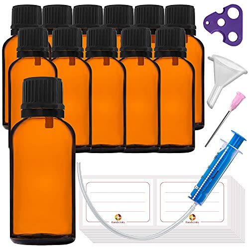 HandsUnity 30ml-12Stk Tropfereinsatzflasche kleine Bernsteinglasflasche - Apothekerglas mit schwarzem Tropfereinsatz Verschluss aus Braunglas Set Inklusive 30 Hilfsmittel
