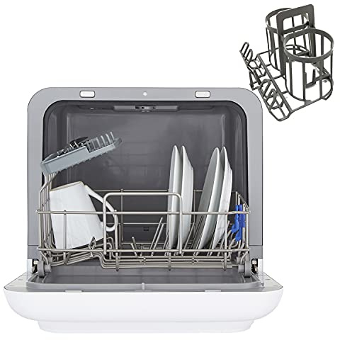 Cookology Table Top Mini Dishwasher with Baby Bottle Rack, 2 Place Settings, 3 Wash Cycles, No-Plumbing, Touch Control Buttons, Quick Cycles, Compact Counter Top Design - White