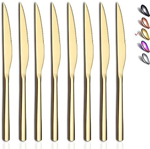 HOMQUEN Gold Steak Knives, 8 Piece Premium Stainless Steel Steak Knife Set, Meat Knife Sets, German Steak Knives Serrated, Tomato Knife, For Home, Kitchen or Restaurant, Dishwasher Safe (9.2 Inch)