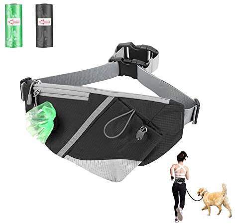 Powerole Hundeleckerlibeutel, freihändig, verstellbare Gürteltasche für Hunde, integrierter Kotbeutelspender mit Wasserflaschenhalter zum Laufen, Wandern, Doppelschnallen, passend für jede Hundeleine