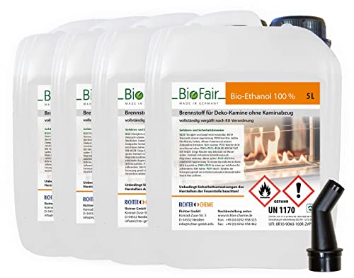 20 Liter (4 x 5L) Bioethanol 100% in geprüfter Premium Qualität für Bioethanolkamin, Ethanol Tischkamin, Wandkamin