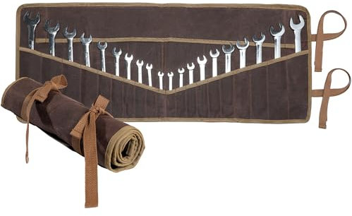 Kaaltisy Schraubenschlüsselrolle mit 20 + 4 Werkzeugtaschen, nachhaltig, gewachstes Segeltuch, Werkzeugtasche für metrische und SAE, Mehrzweck-Schraubenschlüssel-Set, Aufbewahrungstasche, Braun