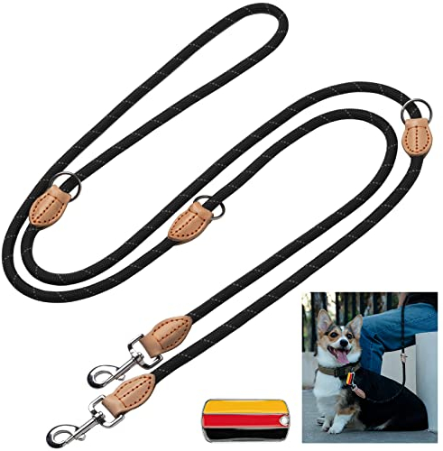 Hundeleine 3m Große Hunde Doppelleine Reflektierend, Premium Hunde Leine 3fach Verstellbar Umhängeleine aus Nylon, Führleine Hund Rund und Bissfest mit 2 Karabiner, Dog Leash 12mm