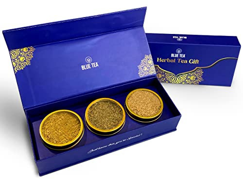 BLUE TEA - Assorted Tea Gift Set- 3 Ginger Tea Flavors || ELEGANT TEA GIFT - MOM GIFTS || Flower Based - Caffeine Free - Gluten Free