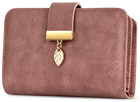 Faneam Ladies Purse RFID Blocking Leather Wallet Women's Small Purse Ladies Bifold Purse Credit Card Wallet with Wrist Strap, 1 Zip Coin Pocket, 14 Card Slots, Exquisite Box