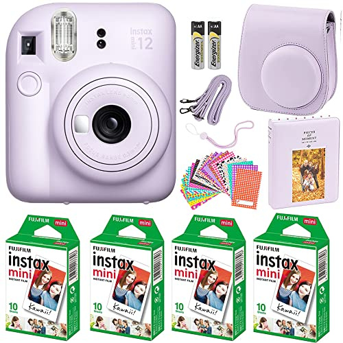 Fujifilm Instax Mini 12 Instant Camera Pastel Blue with Film Value Pack (40 Sheets) + Accessories Including Galaxy Carrying Case Strap, Photo Album, Stickers (Purple)
