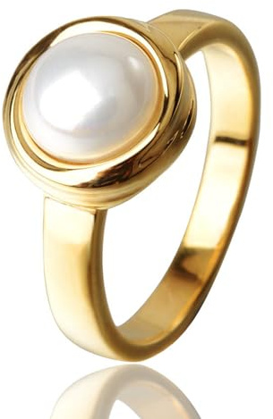 HOSICRON Pearl Ring for Women, 18K Gold Plated Rings for Bride Wedding Engagement Band Birthday Jewelry for Women Fits Sizes 5 to 11 (Gold pearl ring, 9)